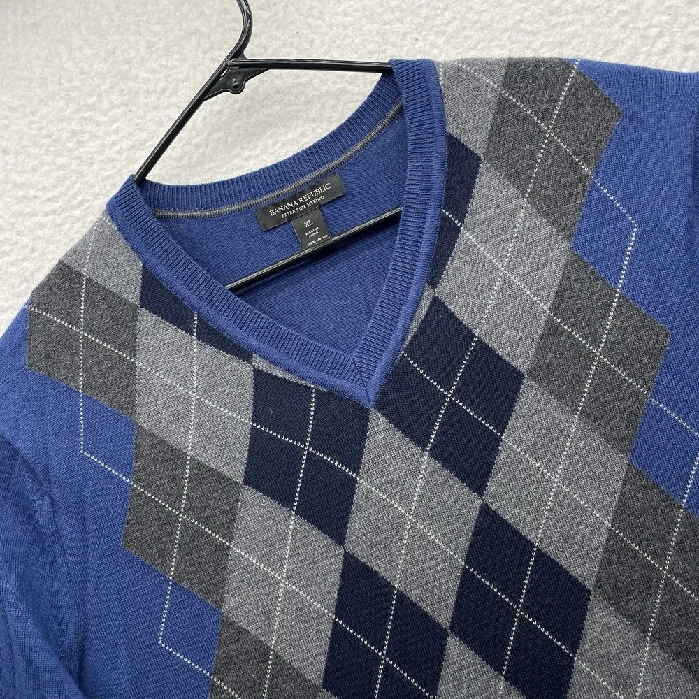 Banana Republic Sweater Mens XL Extra Fine Merino Wool Argyle Lightweight Preppy